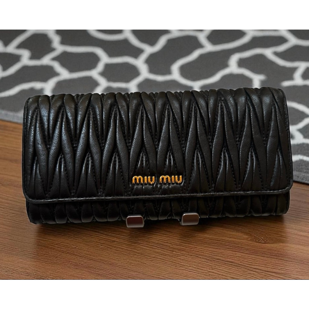 Miu Miu Matelasse Black Leather & Gold Hardware Long Flap Wallet w/ Card Holder - Picture 1 of 16
